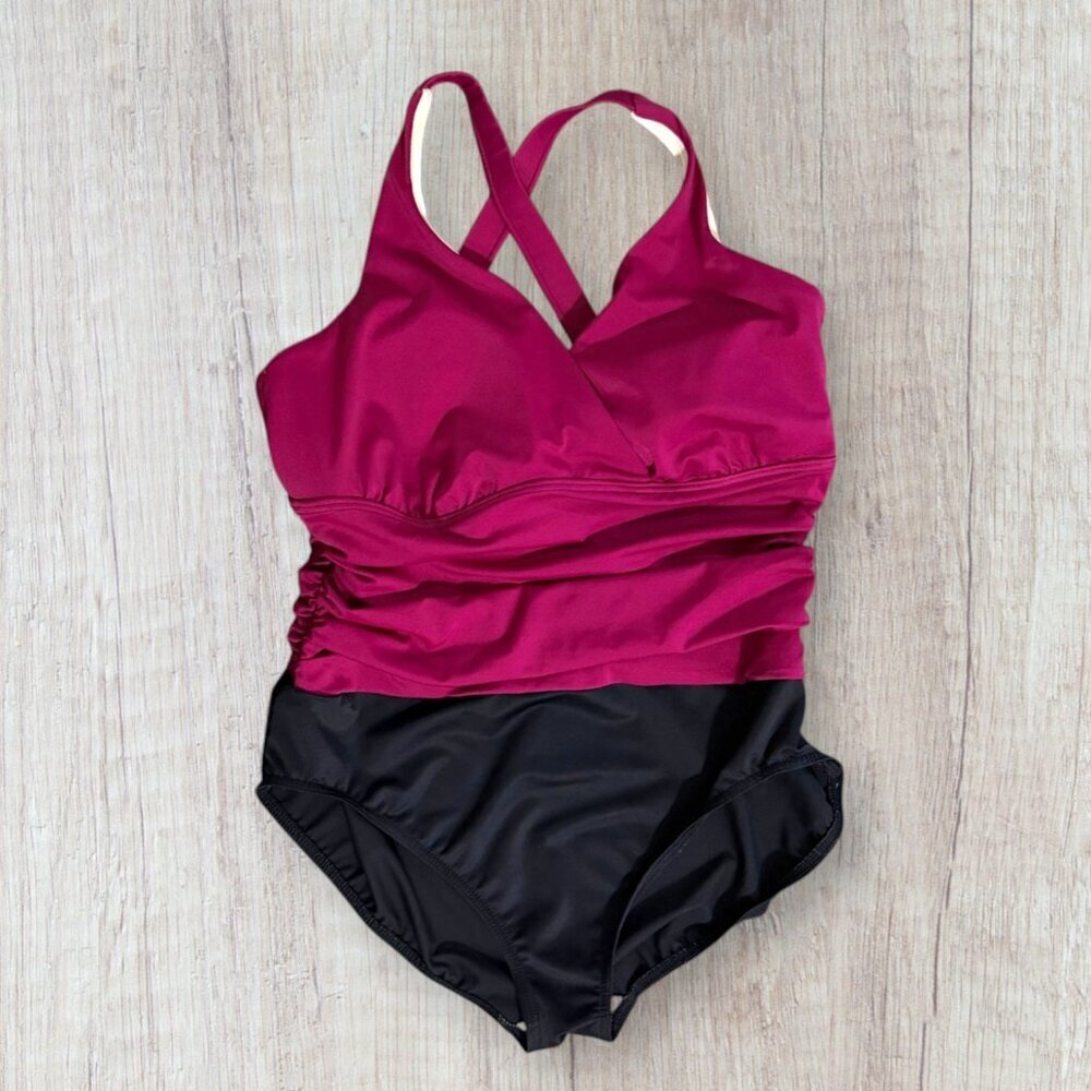 Lands’ End Ruched One Piece Swimsuit Bathing Suit Pink Black Tummy Control 16